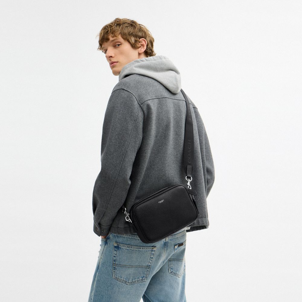 COACH®,Radio Camera Bag,Leather,Cotton,Crossbody,Pendant,Adjustable,Silver Metal,Casual,Black,Detail View