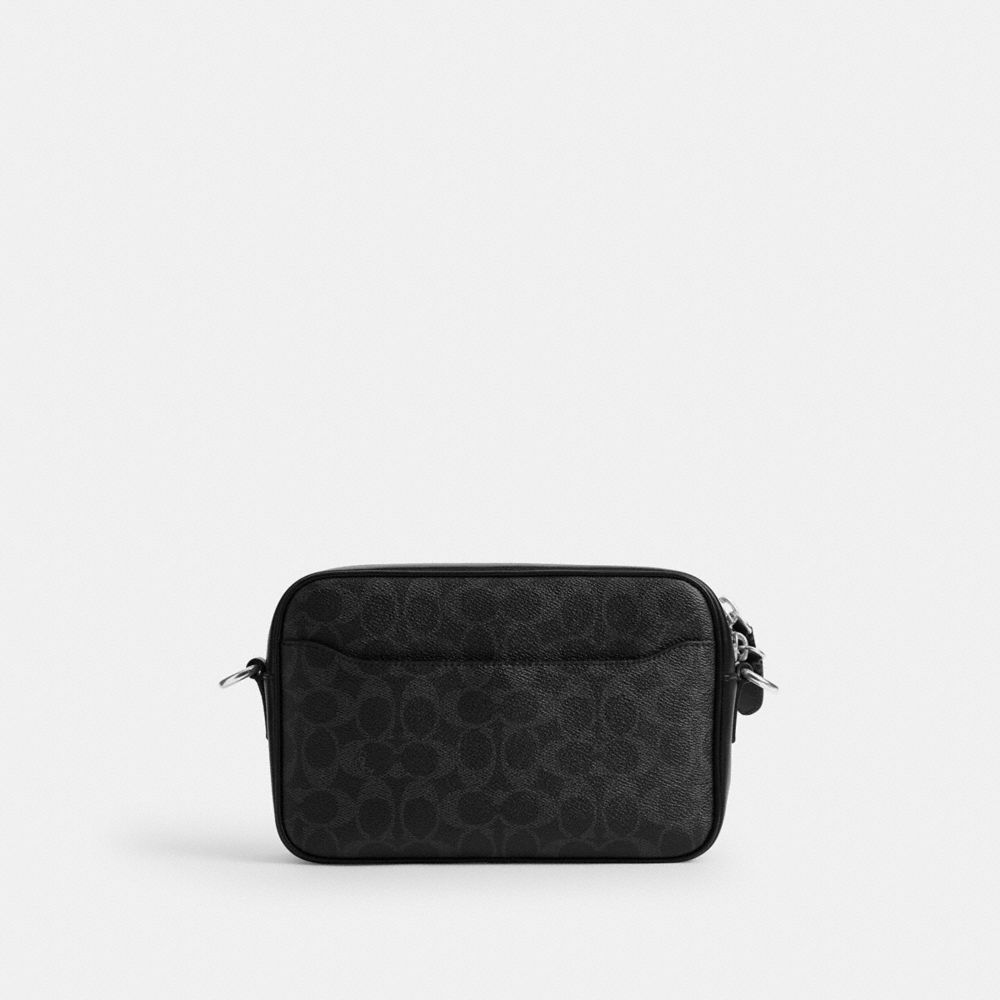 COACH®,Radio Camera Bag In Signature Canvas,Lining Cotton,Calfskin Leather,Canvas,Leather,Crossbody,Pendant,Logo,Sustainab...,Black,Back View