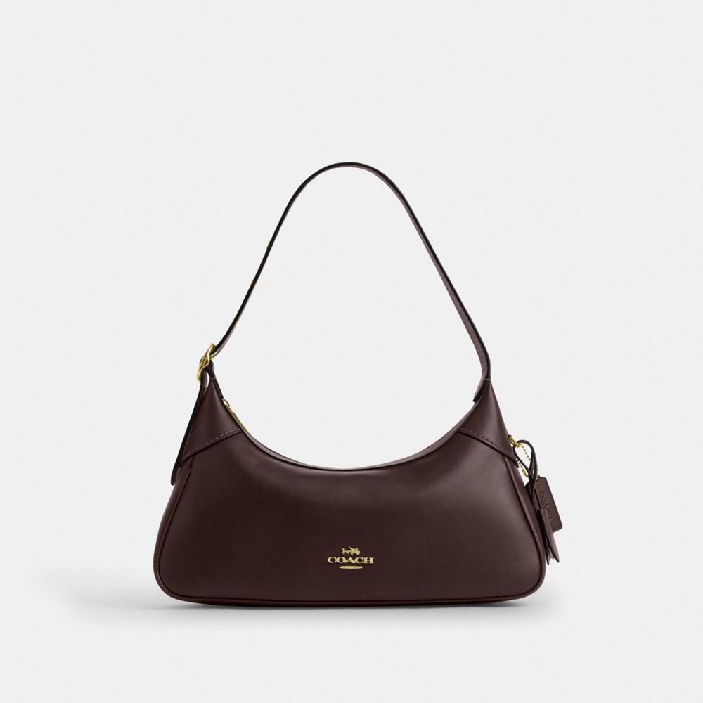 COACH®,Ella Small Shoulder Bag,Leather,Recycled Polyester,Shoulder Bag,Logo,Metal,Sustainable,Gold Metal,Casual,Brown,Front View