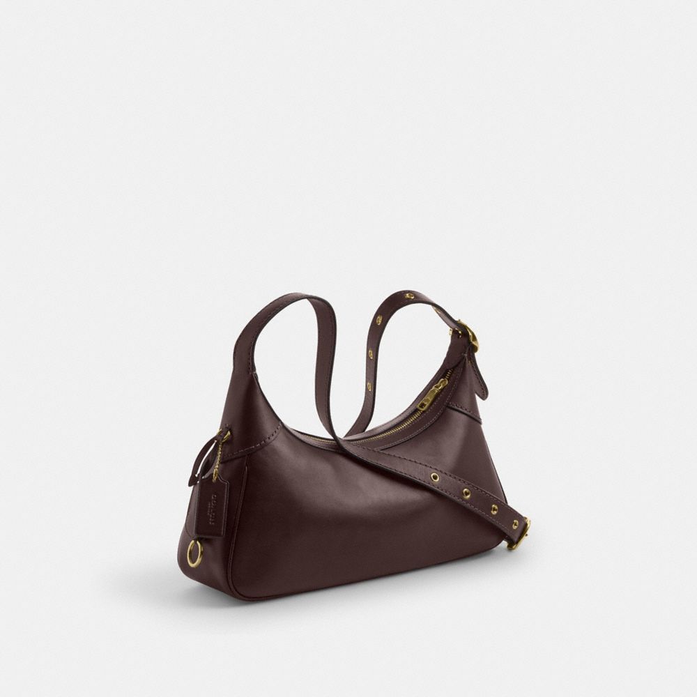 COACH®,Ella Small Shoulder Bag,Leather,Recycled Polyester,Shoulder Bag,Logo,Metal,Sustainable,Gold Metal,Casual,Brown,Angle View