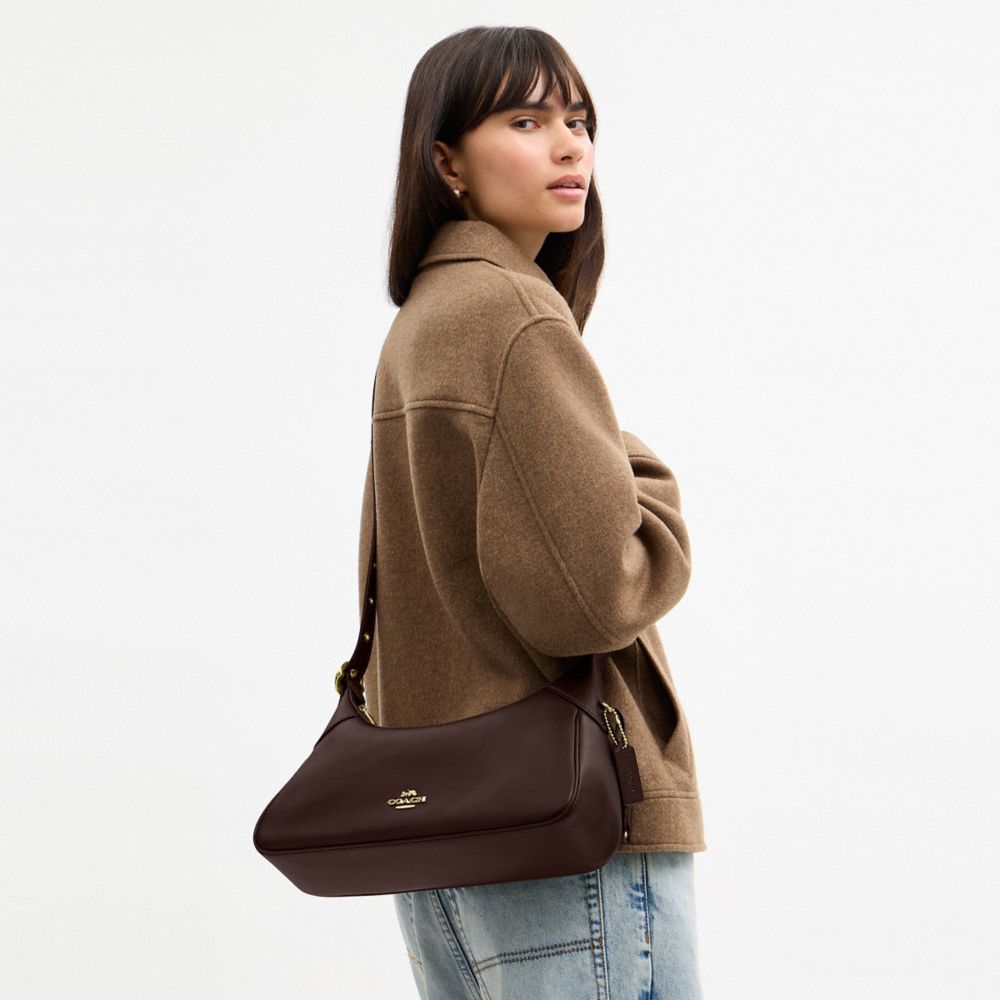 COACH®,Ella Small Shoulder Bag,Leather,Recycled Polyester,Shoulder Bag,Logo,Metal,Sustainable,Gold Metal,Casual,Brown,Detail View