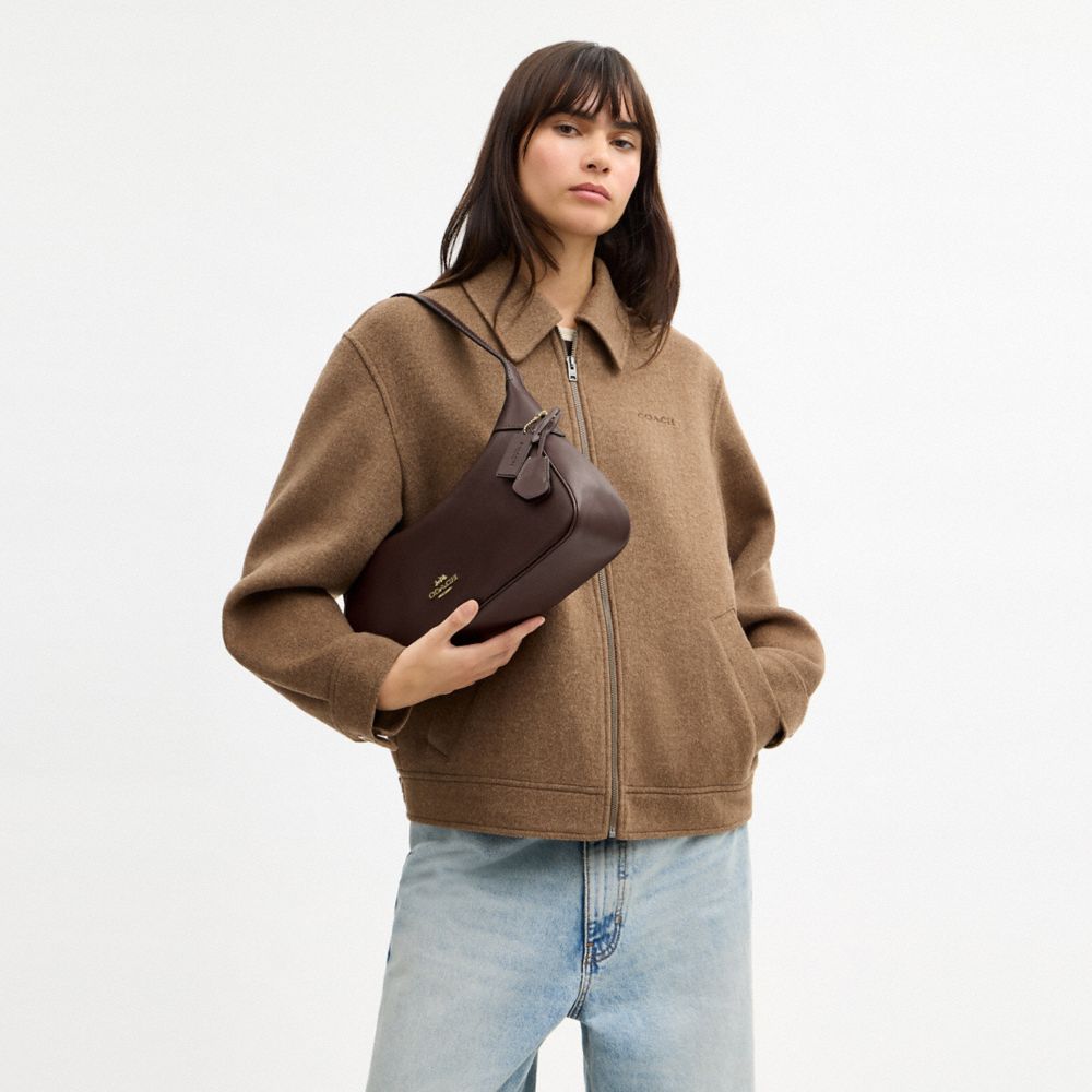 COACH®,Ella Small Shoulder Bag,Leather,Recycled Polyester,Shoulder Bag,Logo,Metal,Sustainable,Gold Metal,Casual,Brown,Detail View