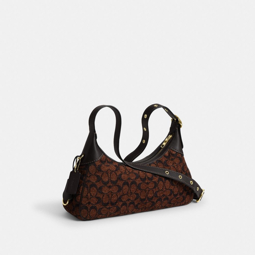 COACH®,Ella Small Shoulder Bag In Signature Chenille,Recycled Polyester,Leather,Shoulder Bag,Piping,Logo,Color Block,Adjus...,Brown,Angle View