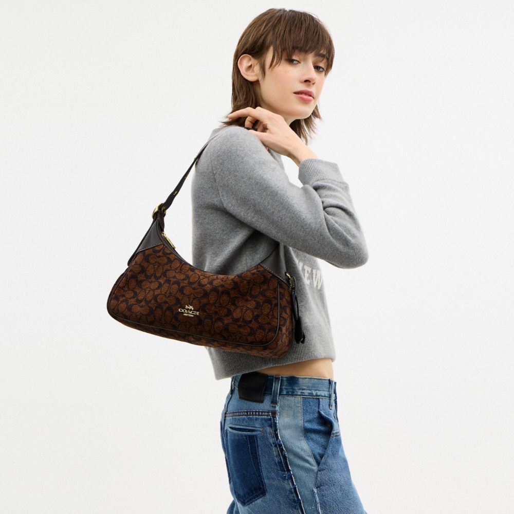 COACH®,Ella Small Shoulder Bag In Signature Chenille,Brown,Detail View