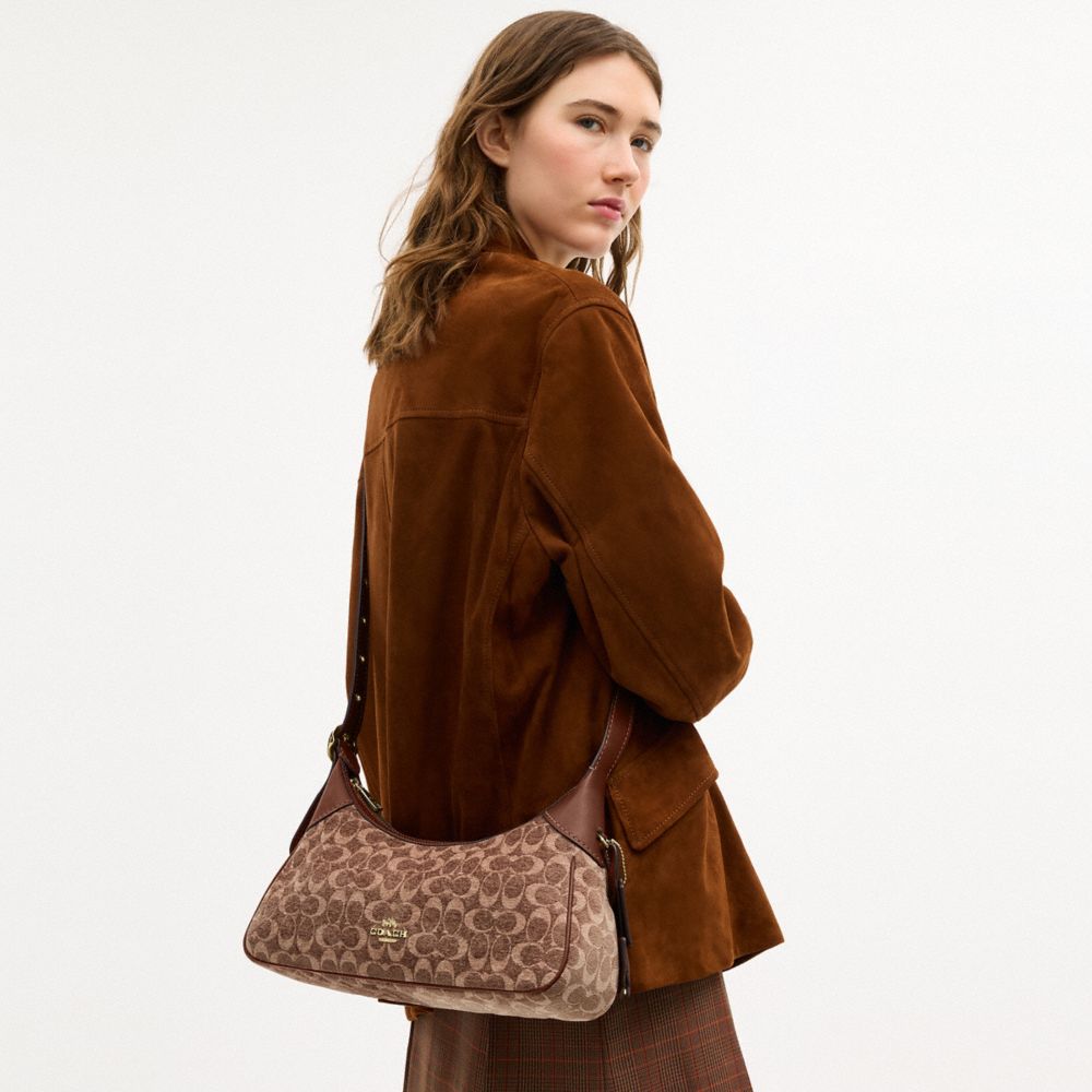 COACH®,Ella Small Shoulder Bag In Signature Chenille,Recycled Polyester,Leather,Shoulder Bag,Piping,Logo,Color Block,Adjus...,Brown,Detail View