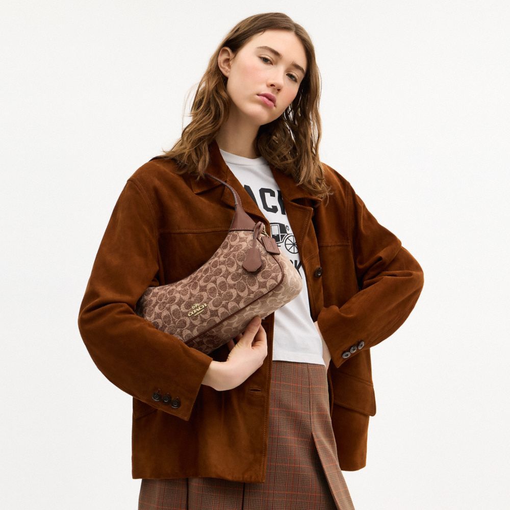 COACH®,Ella Small Shoulder Bag In Signature Chenille,Recycled Polyester,Leather,Shoulder Bag,Piping,Logo,Color Block,Adjus...,Brown,Detail View