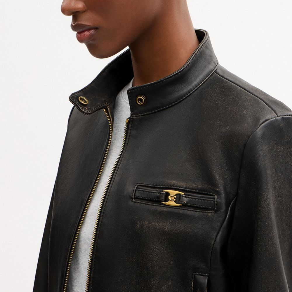 Женские куртки Coach Loved Leather Heritage C Racer Jacket — фото 5