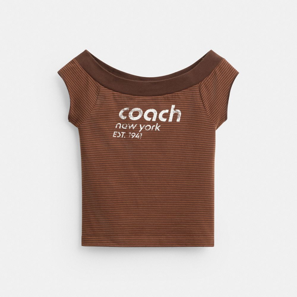 公式】COACH – コーチ | ストライプ ワイド ネック Tシャツ