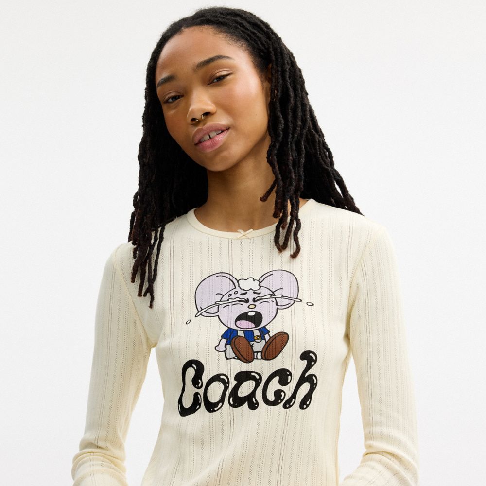 Женские топы Coach | Brain Dead Kachi Mouse Graphic Long Sleeve Pointelle Top — фото 4