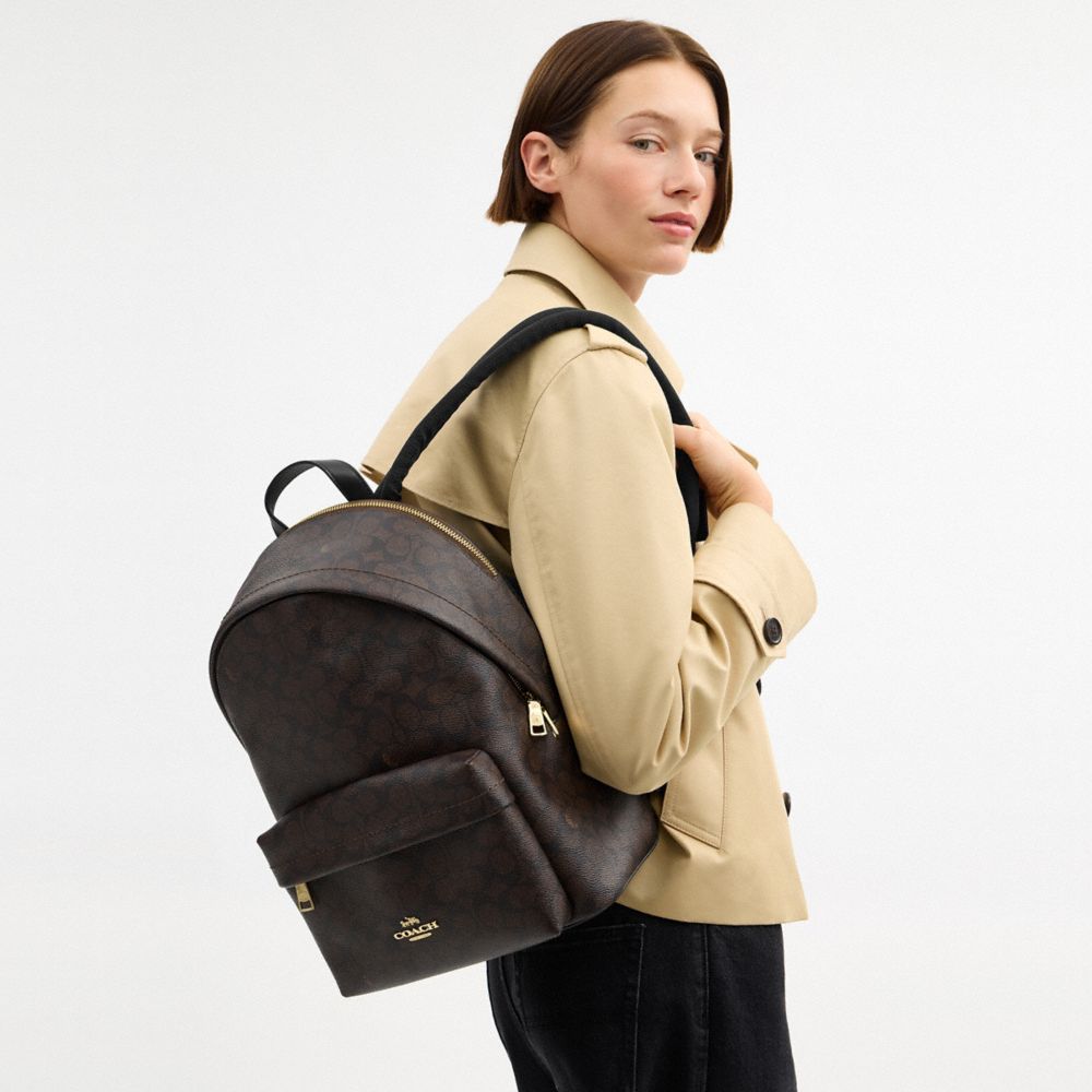 COACH®,Taylor Small Backpack In Signature Canvas,Recycled Polyester,Canvas,Backpack,Logo,Metal,Adjustable,Gold Metal,Casual,Black,Detail View