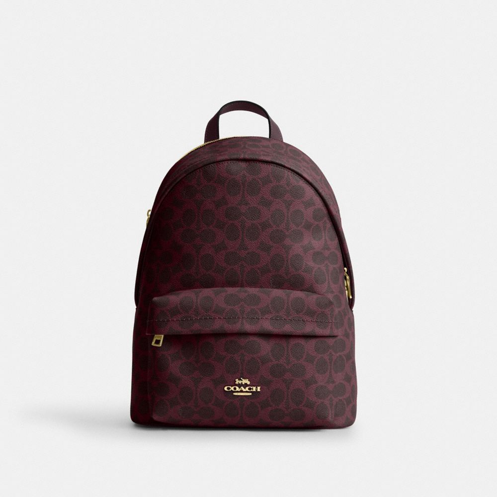 COACH®,Taylor Small Backpack In Signature Canvas,Recycled Polyester,Canvas,Backpack,Logo,Metal,Adjustable,Gold Metal,Casual,Maroon,Front View