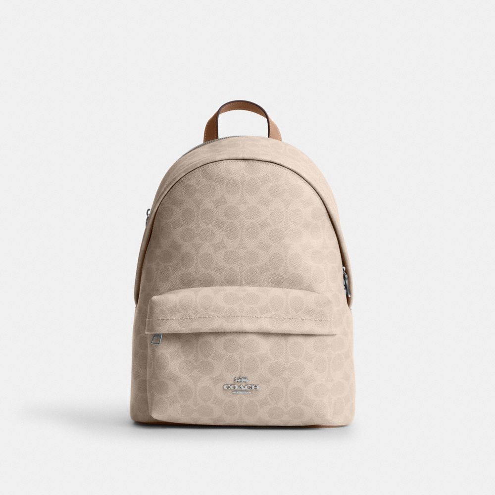 COACH®,Taylor Small Backpack In Signature Canvas,Recycled Polyester,Canvas,Backpack,Logo,Metal,Adjustable,Gold Metal,Casual,Beige,Front View