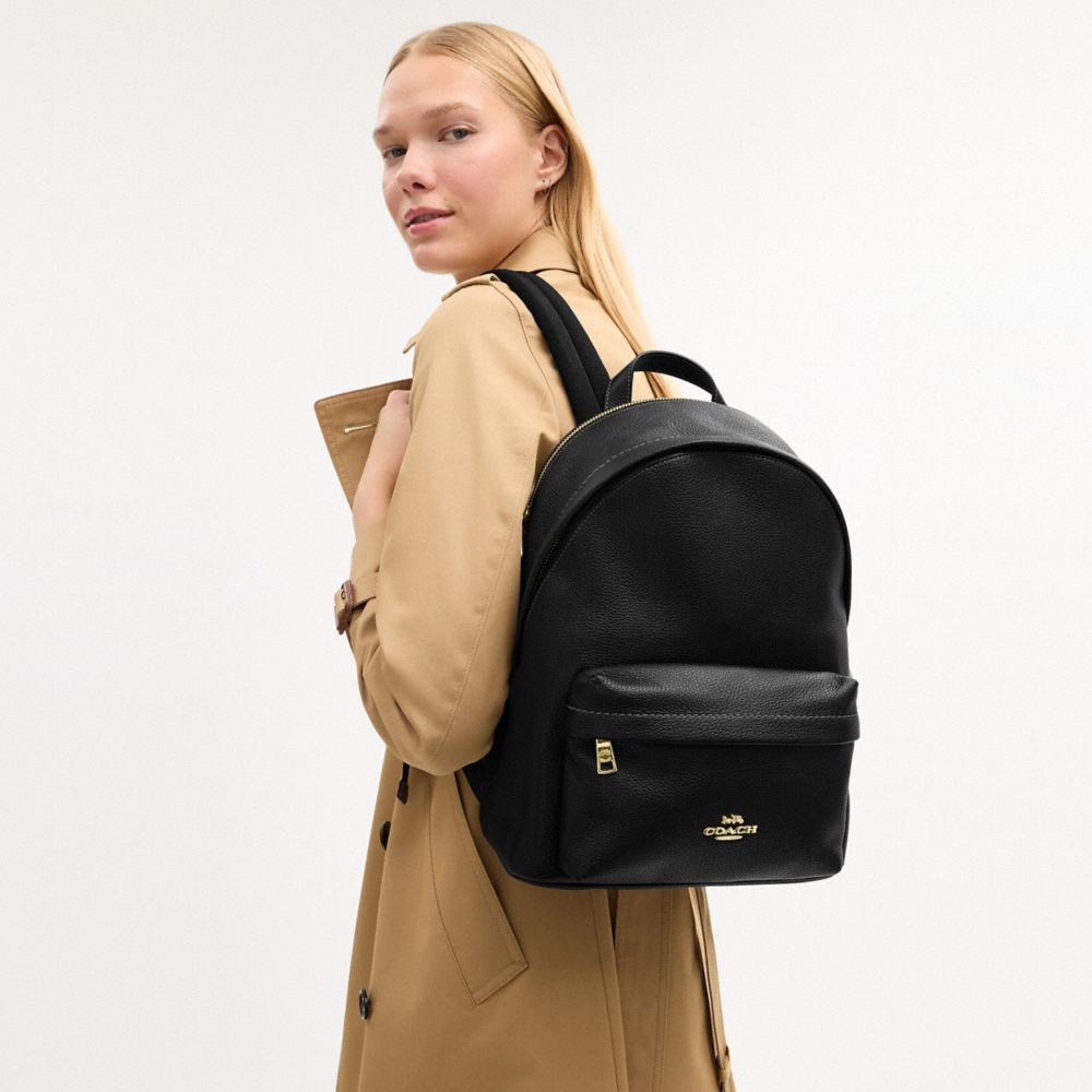 COACH®,Taylor Small Backpack,Leather,Polyester,Lining Recycled Polyester,Recycled Polyester,Backpack,Logo,Metal,Padded,Lin...,Black,Detail View