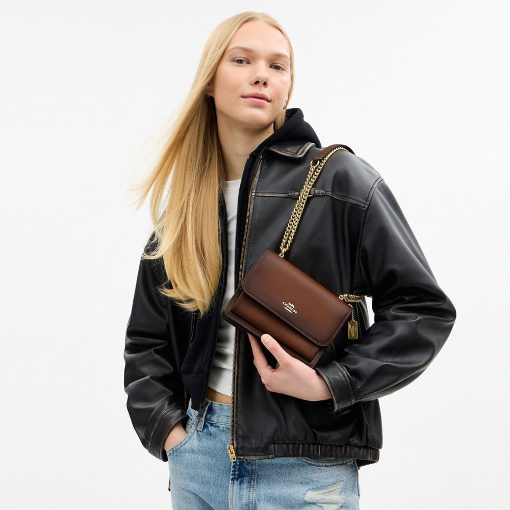 COACH®,Mini Klare Crossbody Bag,Leather,Recycled Polyester,Crossbody,Logo,Metal,Compact,Adjustable,Day Party,Brown,Detail View