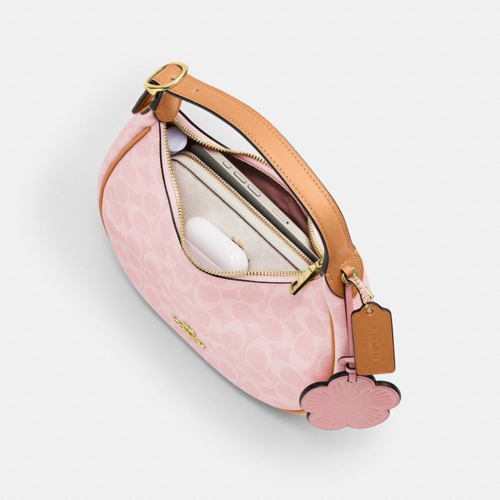COACH®,Emily Shoulder Bag In Signature Canvas With Charms,Recycled Polyester,Leather,Canvas,Shoulder Bag,Metal,Piping,Logo...,Pink,Inside View,Top View