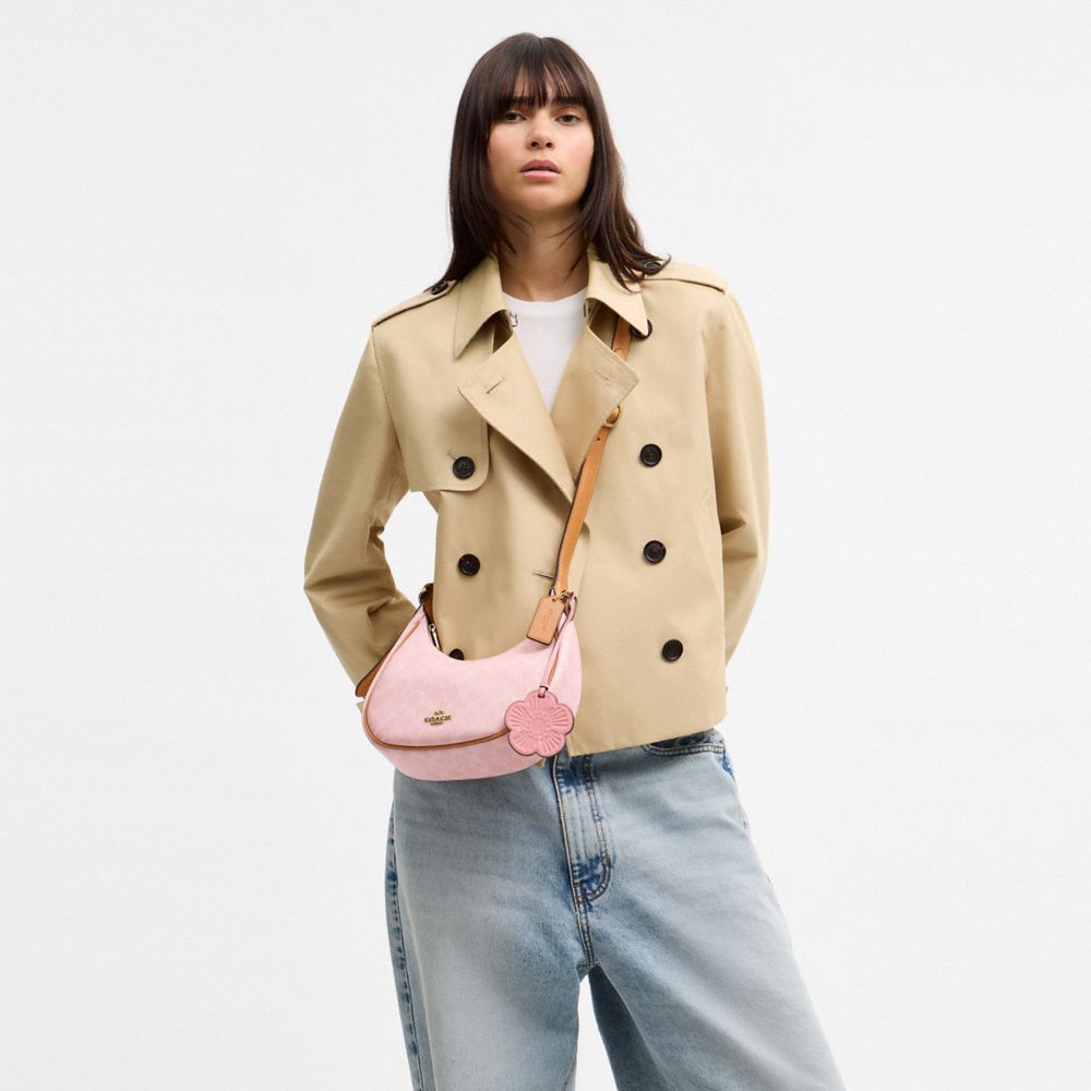 COACH®,Emily Shoulder Bag In Signature Canvas With Charms,Recycled Polyester,Leather,Canvas,Shoulder Bag,Metal,Piping,Logo...,Pink