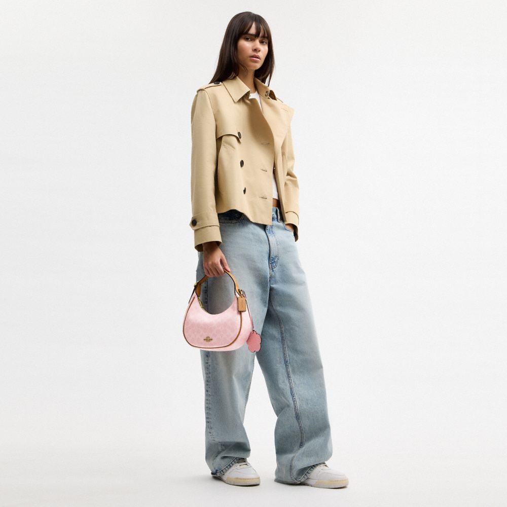 COACH®,Emily Shoulder Bag In Signature Canvas With Charms,Recycled Polyester,Leather,Canvas,Shoulder Bag,Metal,Piping,Logo...,Pink,Detail View