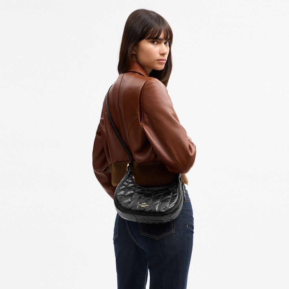 COACH®,Emily Shoulder Bag With Quilting,Recycled Polyester,Leather,Hobo,Pendant,Metal,Sustainable,Adjustable,Gold Metal,Da...,Black