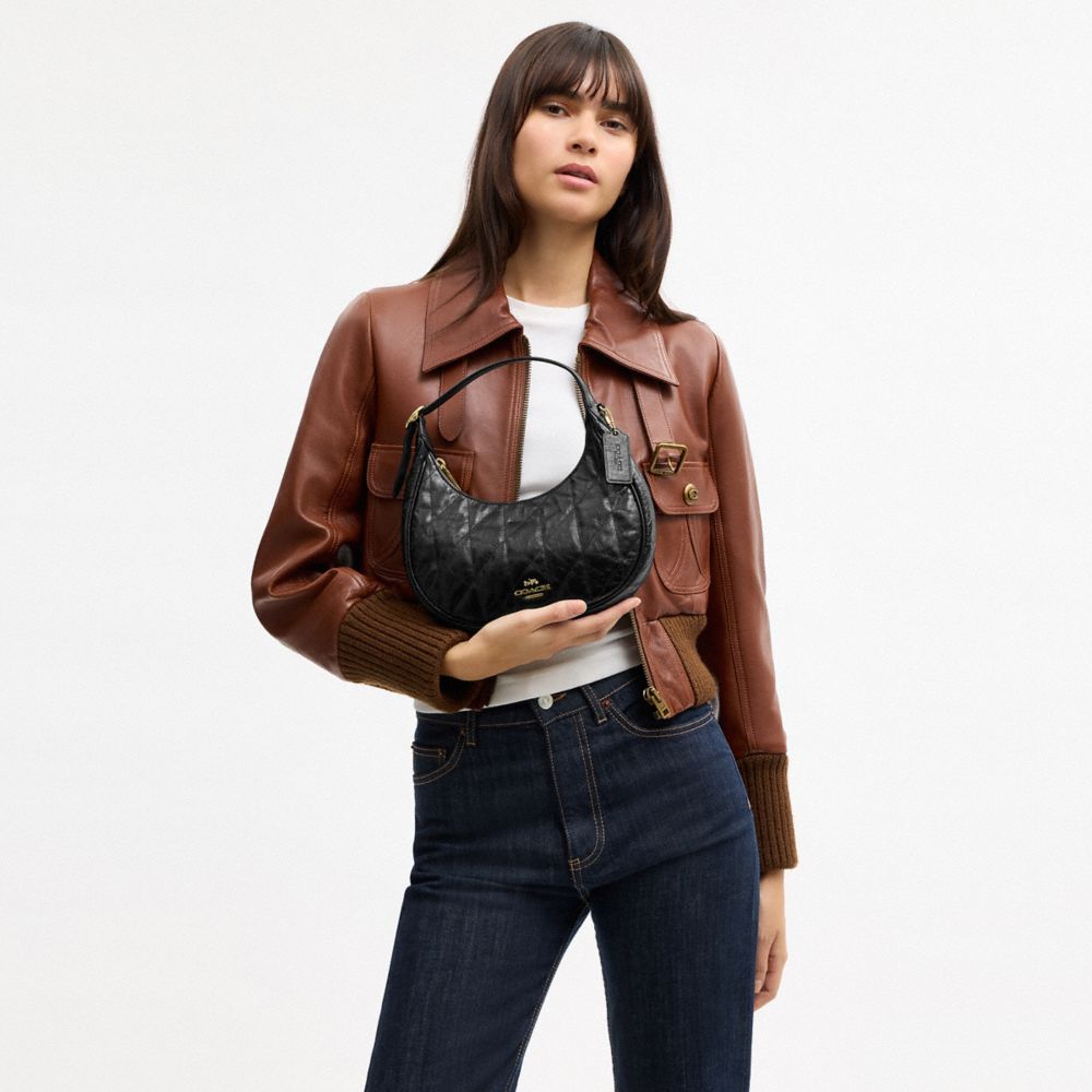 COACH®,Emily Shoulder Bag With Quilting,Recycled Polyester,Leather,Hobo,Pendant,Metal,Sustainable,Adjustable,Gold Metal,Da...,Black,Detail View