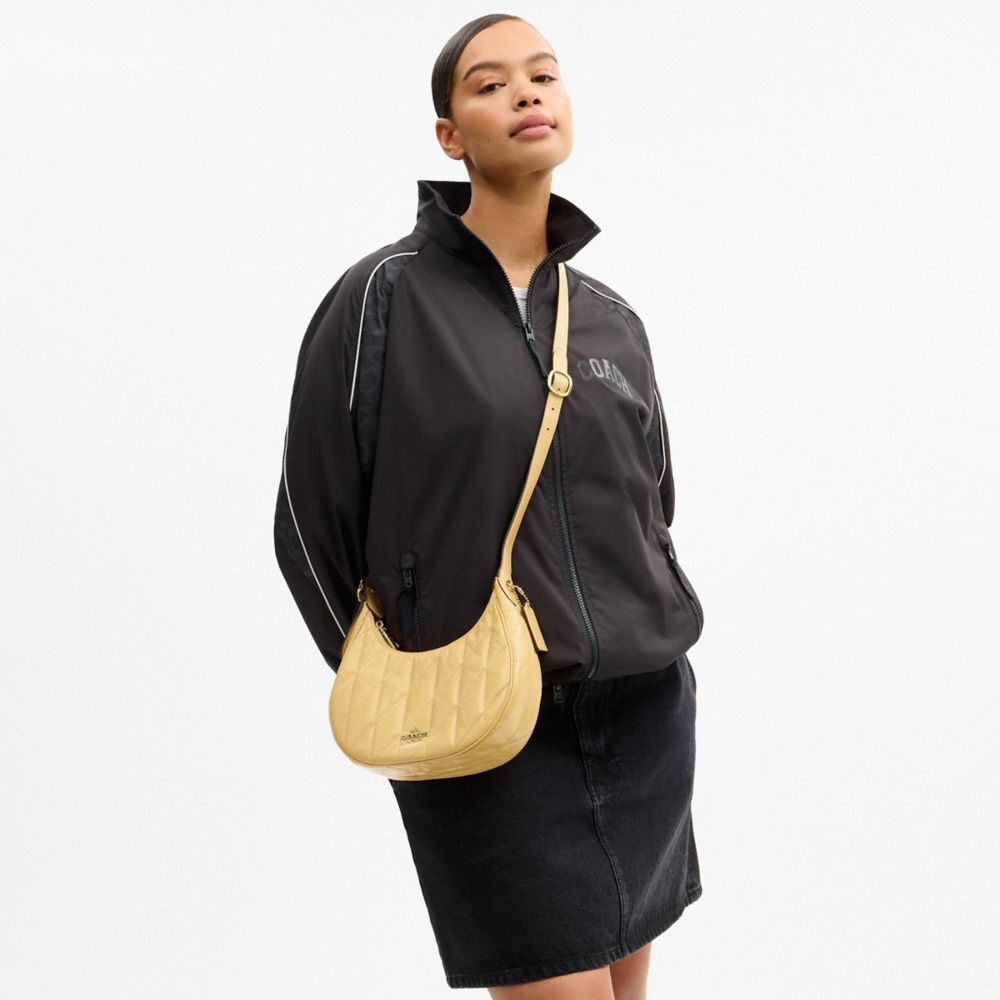 COACH®,Emily Shoulder Bag With Quilting,Recycled Polyester,Leather,Hobo,Pendant,Metal,Sustainable,Adjustable,Gold Metal,Da...,Beige,Detail View