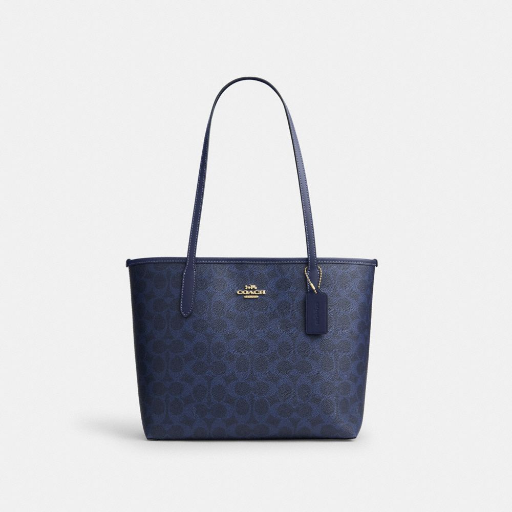 COACH®,Medium City Tote Bag In Signature Canvas,Recycled Polyester,Leather,Canvas,Tote,Metal Material,Logo,Metal,Sustainable,,Navy,Front View