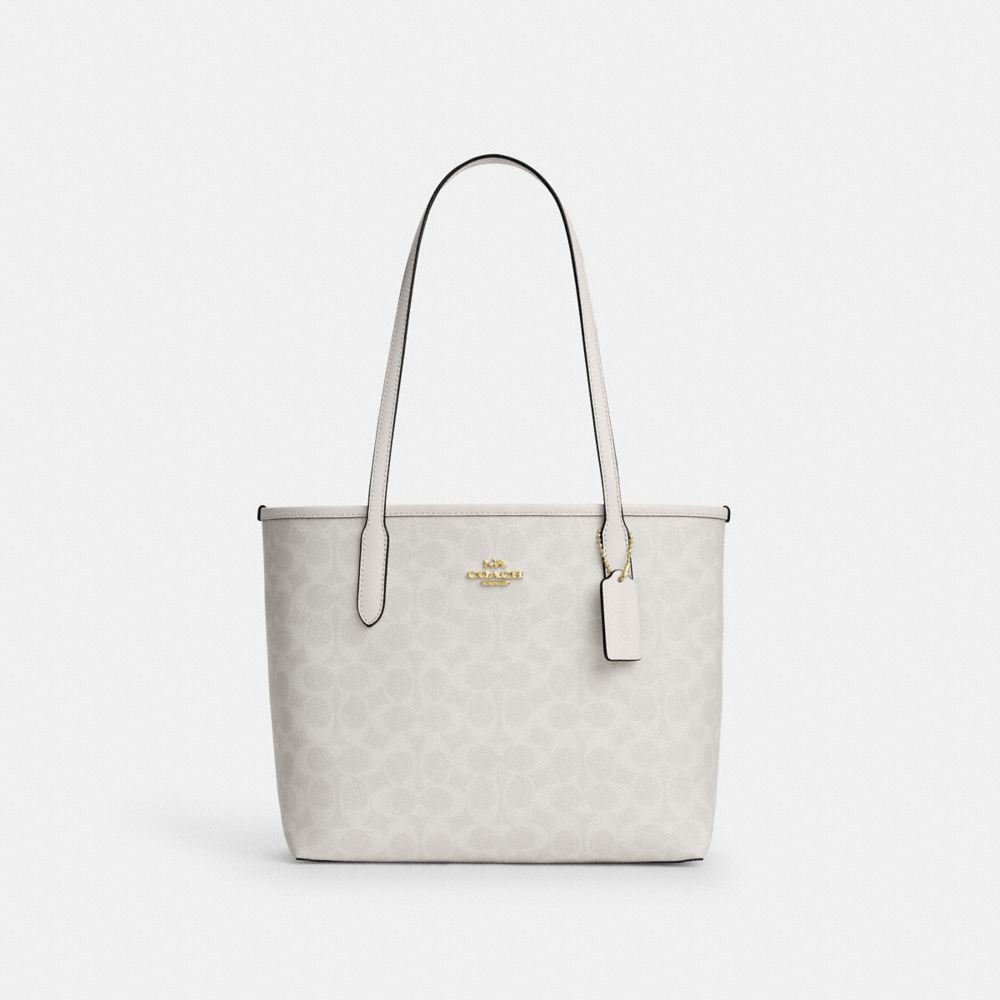 COACH®,Medium City Tote Bag In Signature Canvas,Recycled Polyester,Leather,Canvas,Tote,Metal Material,Logo,Metal,Sustainable,,,Front View