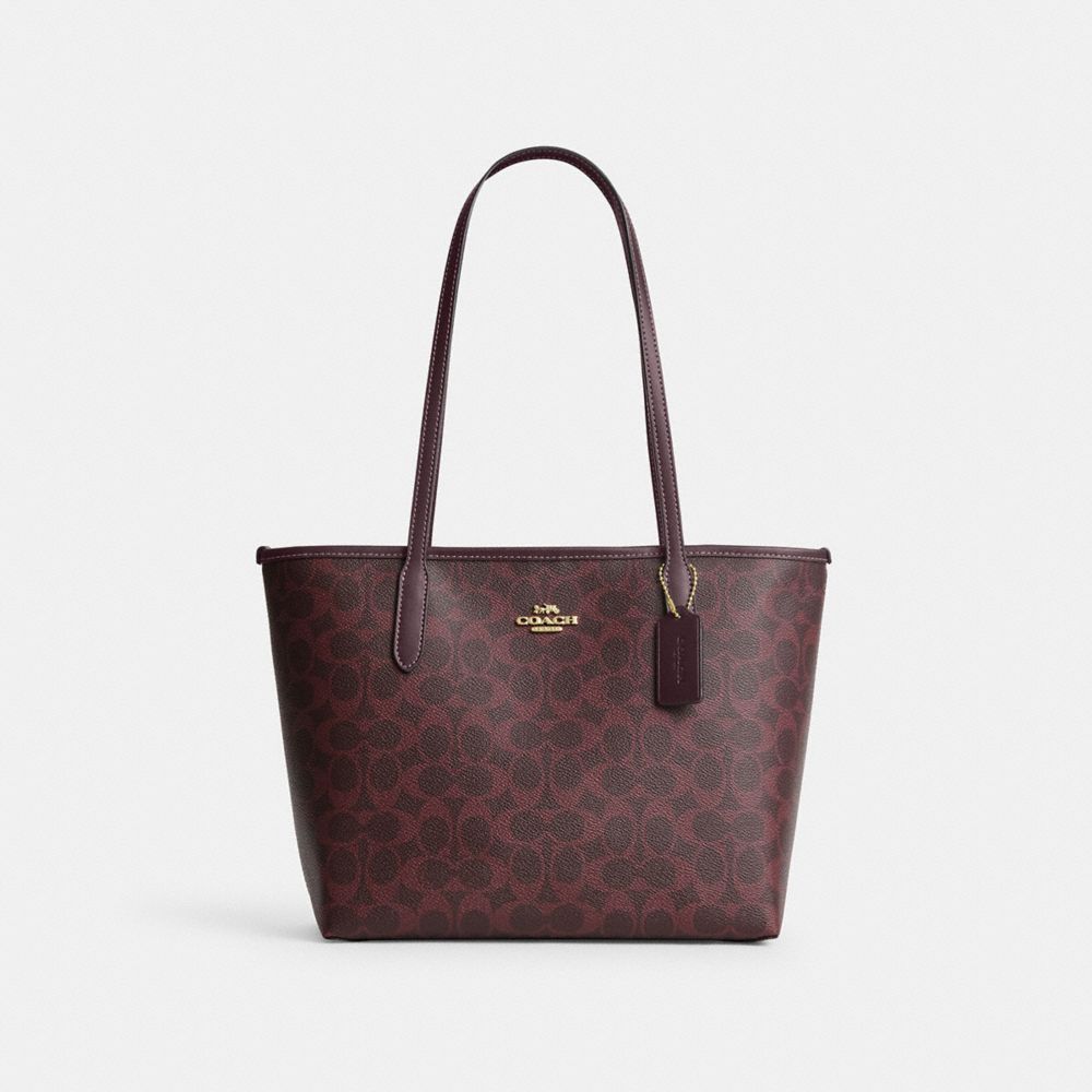 COACH®,Medium City Tote Bag In Signature Canvas,Recycled Polyester,Leather,Canvas,Tote,Metal Material,Logo,Metal,Sustainable,,,Front View