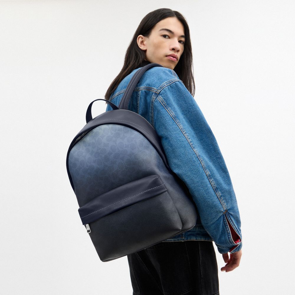 COACH®,Taylor Backpack In Ombre Signature Canvas,Leather,Canvas,Recycled Polyester,Backpack,Logo,Suitcase Sleeve,Lined,Adj...,Navy,Detail View