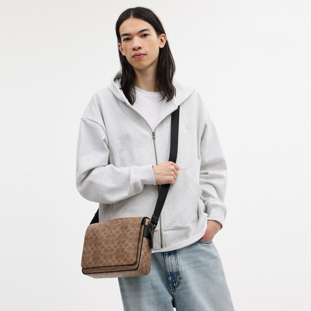 COACH®,Jack Messenger Bag In Signature Canvas,Canvas,Leather,Recycled Polyester,Crossbody,Logo,Adjustable,Lined,Casual,Brown,Detail View