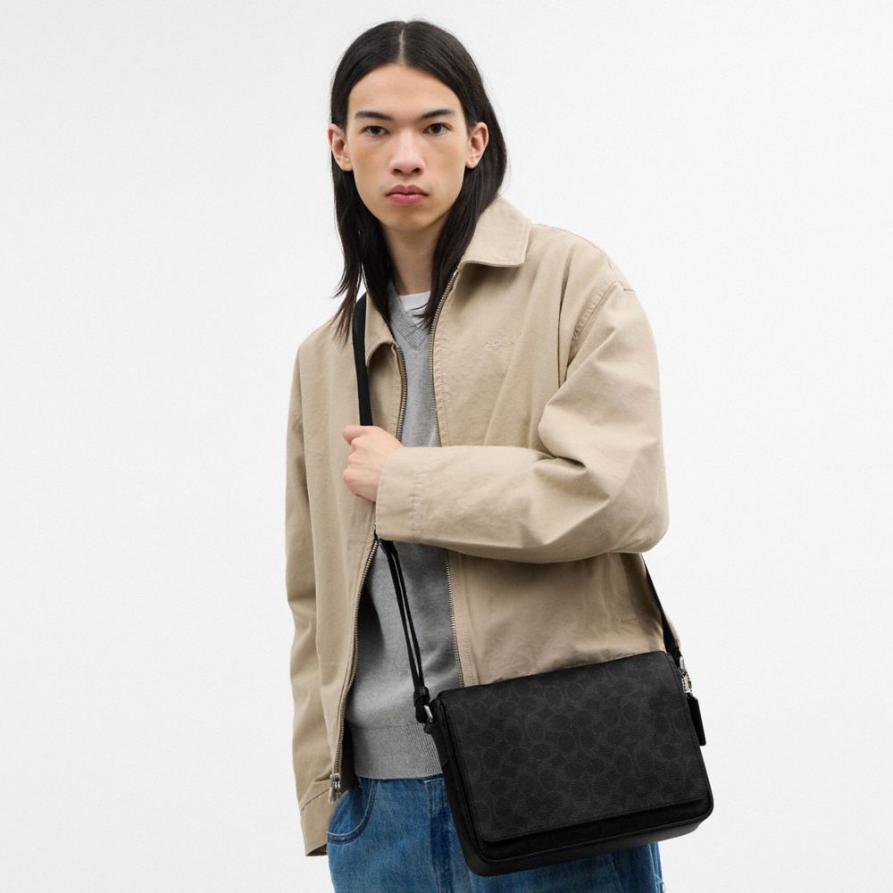 COACH®,Jack Messenger Bag In Signature Canvas,Canvas,Leather,Recycled Polyester,Crossbody,Logo,Adjustable,Lined,Casual,Multi Color,Detail View