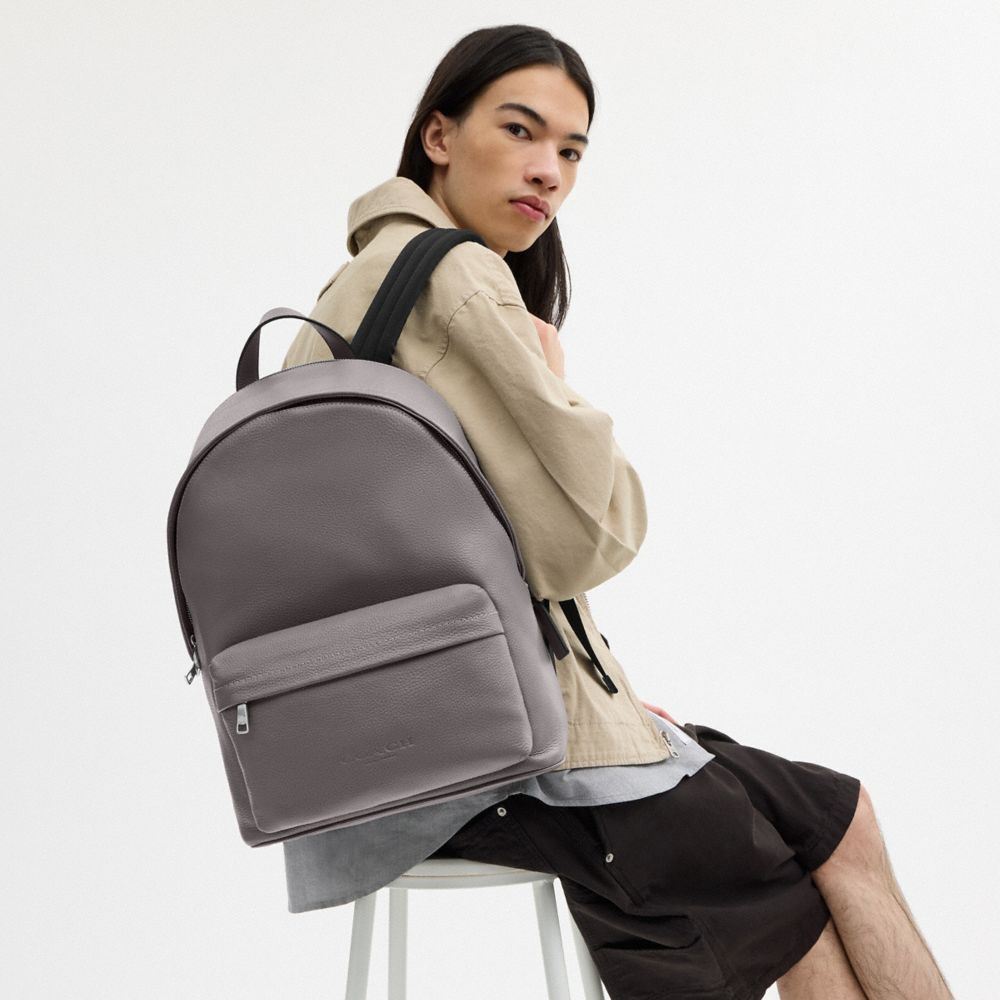 COACH®,Taylor Backpack,Leather,Polyester,Recycled Polyester,Backpack,Sustainable,Lined,Suitcase Sleeve,Casual,Gray,Detail View