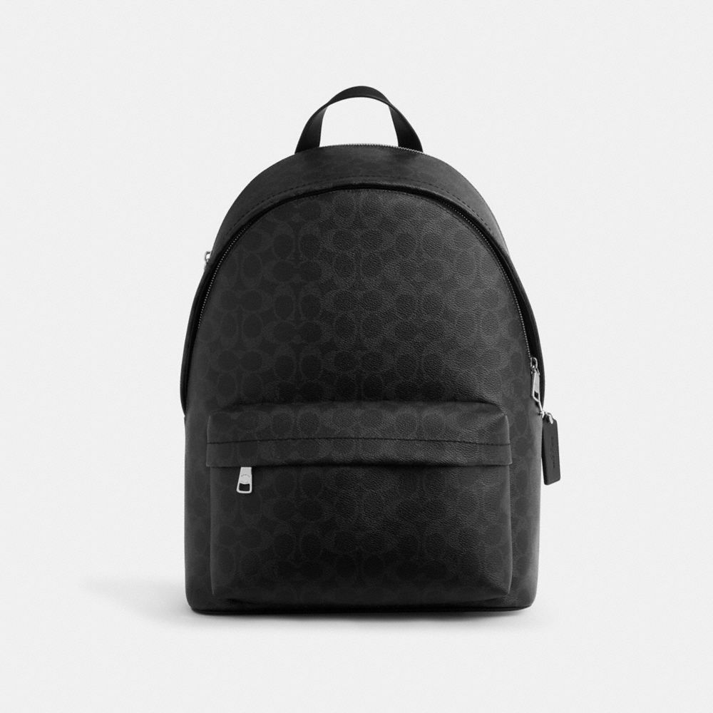 COACH®,Taylor Backpack In Signature Canvas,Canvas,Leather,Backpack,Logo,Suitcase Sleeve,Stain Resistant,Black,Front View