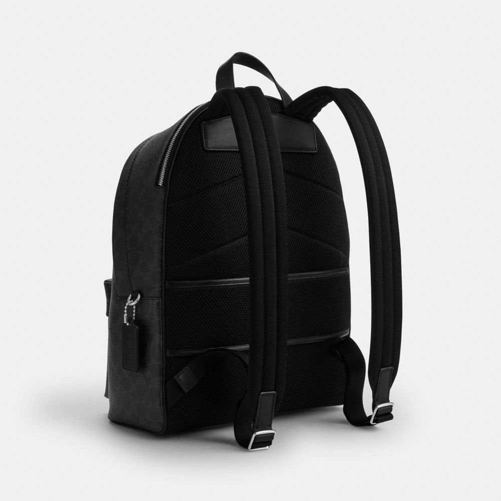COACH®,Taylor Backpack In Signature Canvas,Canvas,Leather,Backpack,Logo,Suitcase Sleeve,Stain Resistant,Black,Angle View