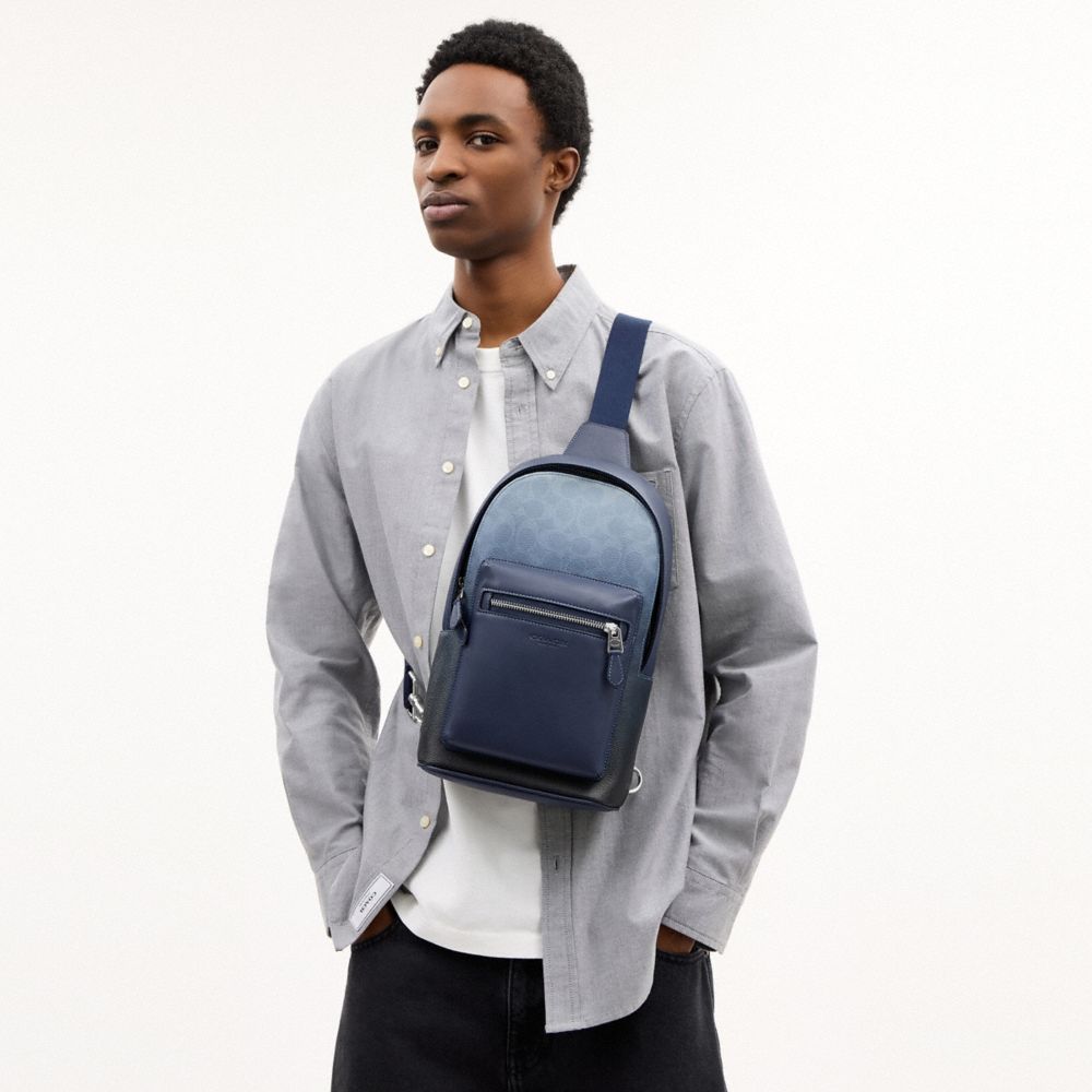 COACH®,West Pack In Ombre Signature Canvas,Recycled Polyester,Canvas,Leather,Slingback,Logo,Pattern,Sustainable,Adjustable...,Navy,Detail View