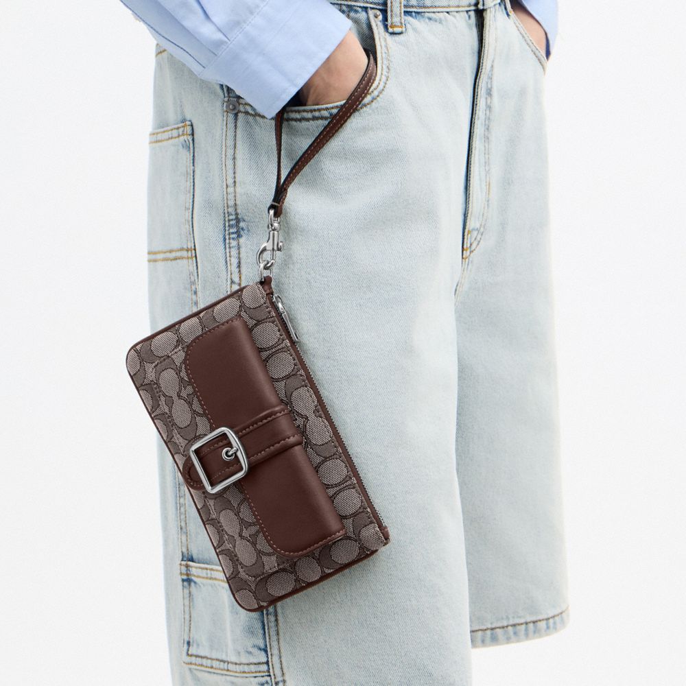 COACH®,Ashton Wristlet In Signature Jacquard,Recycled Polyester,Lining Recycled Polyester,Pouch,Wristlet,Color Block,Lette...,Brown,Detail View