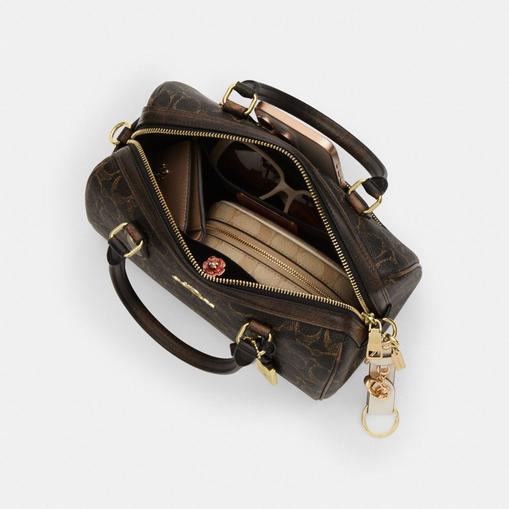 COACH®,Rowan Satchel Bag In Loved Signature Canvas With Charms,Recycled Polyester,Canvas,Leather,Satchel,Metal,3D Embellis...,Black,Inside View,Top View