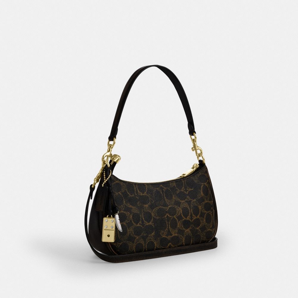 COACH®,Teri Shoulder Bag In Loved Signature Canvas With Charms,Leather,Recycled Polyester,Canvas,Shoulder Bag,Pendant,3D E...,Black,Angle View