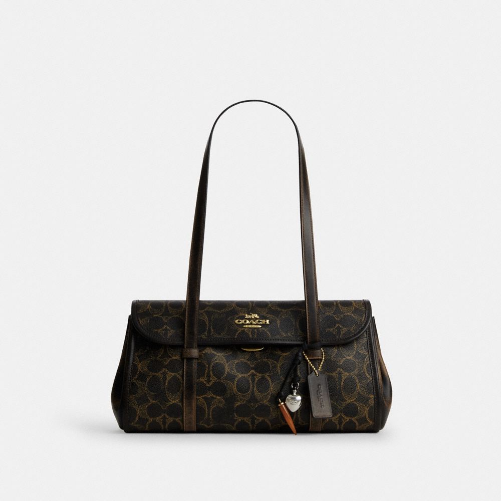 COACH®,Bridget Flap Shoulder Bag In Loved Signature Canvas With Charms,Leather,Recycled Polyester,Canvas,Shoulder Bag,Logo...,Multi Color,Front View