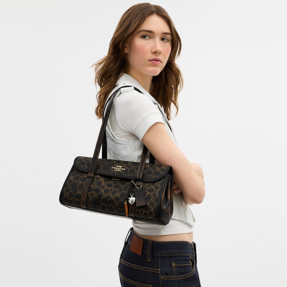 COACH®,Bridget Flap Shoulder Bag In Loved Signature Canvas With Charms,Leather,Recycled Polyester,Canvas,Shoulder Bag,Logo...,Multi Color,Detail View