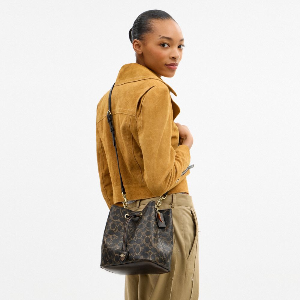 COACH®,Rowan Bucket Bag In Loved Signature Canvas With Charms,Recycled Polyester,Canvas,Leather,Bucket,Logo,Gold Metal,Gol...,Black