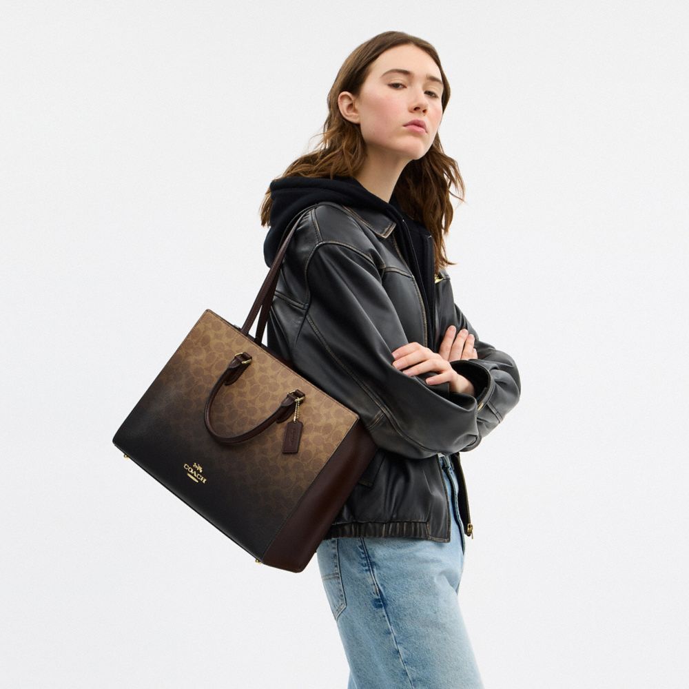 COACH®,Maggie Tote Bag In Ombre Signature Canvas,Lining Leather,Lining Recycled Polyester,Leather,Recycled Polyester,Canva...,Multi Color,Detail View