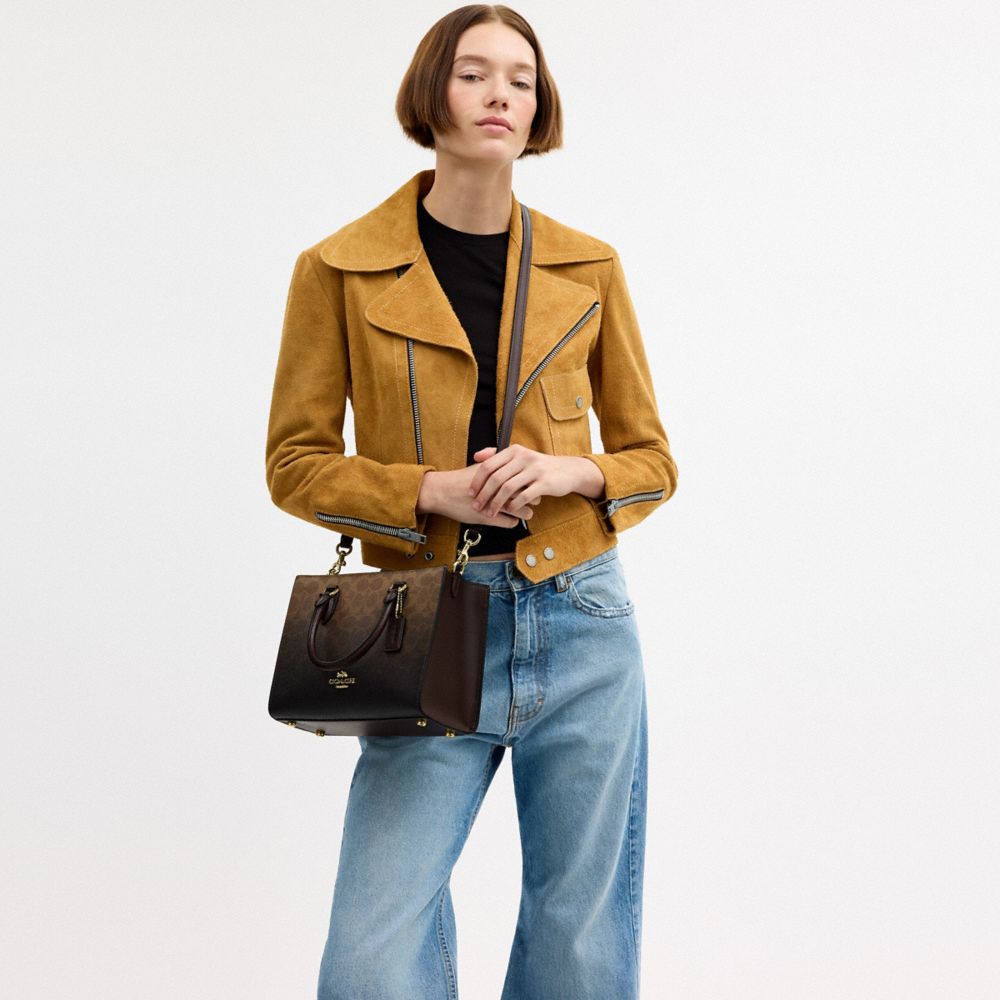 COACH®,Maggie Small Tote Bag In Ombre Signature Canvas,Canvas,Leather,Recycled Polyester,Tote,Metal,Logo,Sustainable,Gold ...,Brown,Detail View