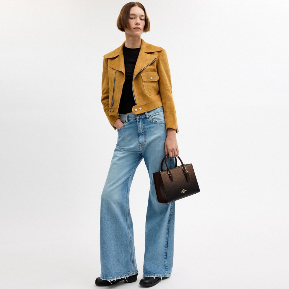 COACH®,Maggie Small Tote Bag In Ombre Signature Canvas,Canvas,Leather,Recycled Polyester,Tote,Metal,Logo,Sustainable,Gold ...,Brown,Detail View