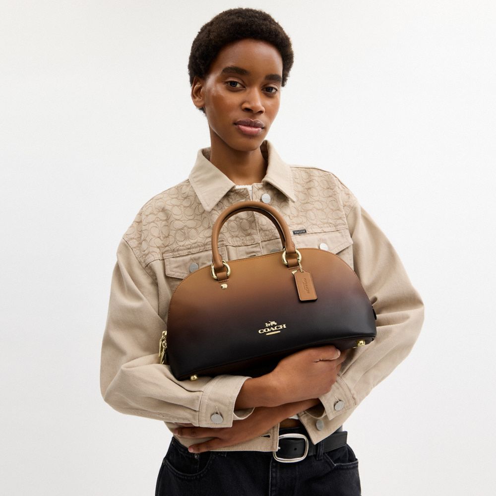 COACH®,Lara Satchel Bag,Recycled Polyester,Leather,Bowler Bag,Metal,Logo,Handle Wrap,Gold Metal,Casual,Brown,Detail View