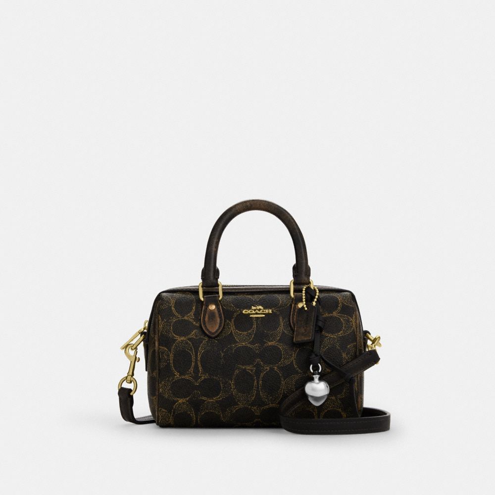 COACH®,Mini Rowan Crossbody Bag In Loved Signature Canvas With Charms,Leather,Recycled Polyester,Canvas,Barrel Bag,Metal,3...,Black,Front View