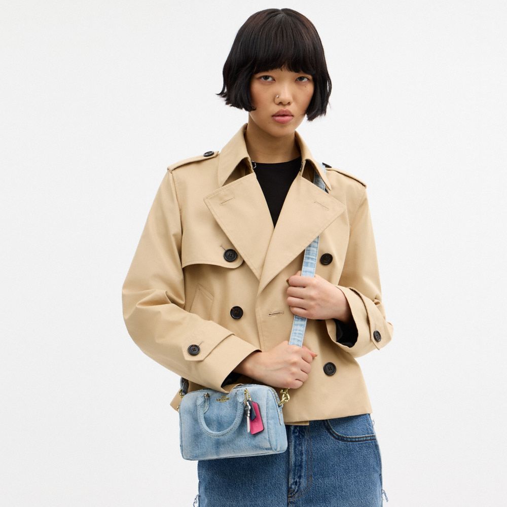 COACH®,Mini Rowan Crossbody Bag In Loved Denim With Charms,Denim,Recycled Polyester,Leather,Cotton,Barrel Bag,Logo,3D Embe...,Blue