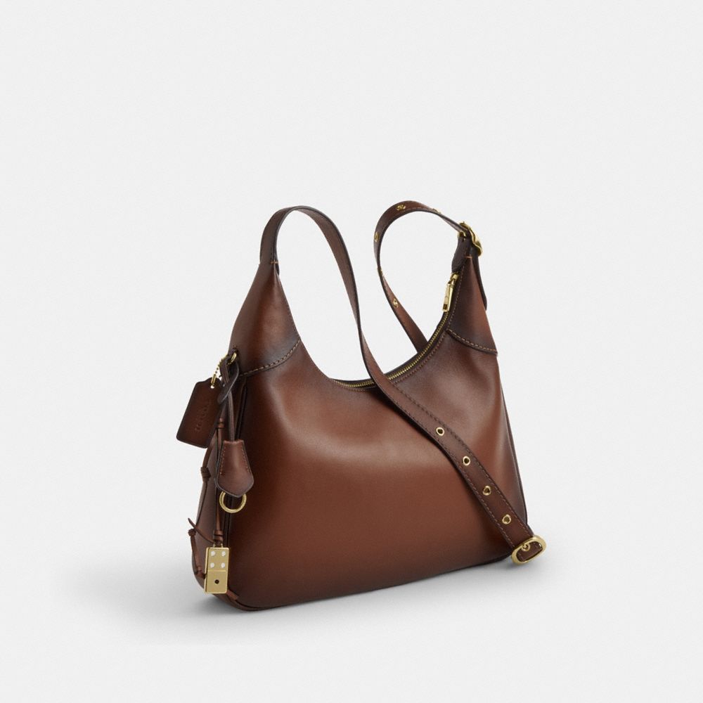 COACH®,Ella Shoulder Bag,Recycled Polyester,Leather,Shoulder Bag,3D Embellishment,Metal,Gold Metal,Casual,Brown,Angle View