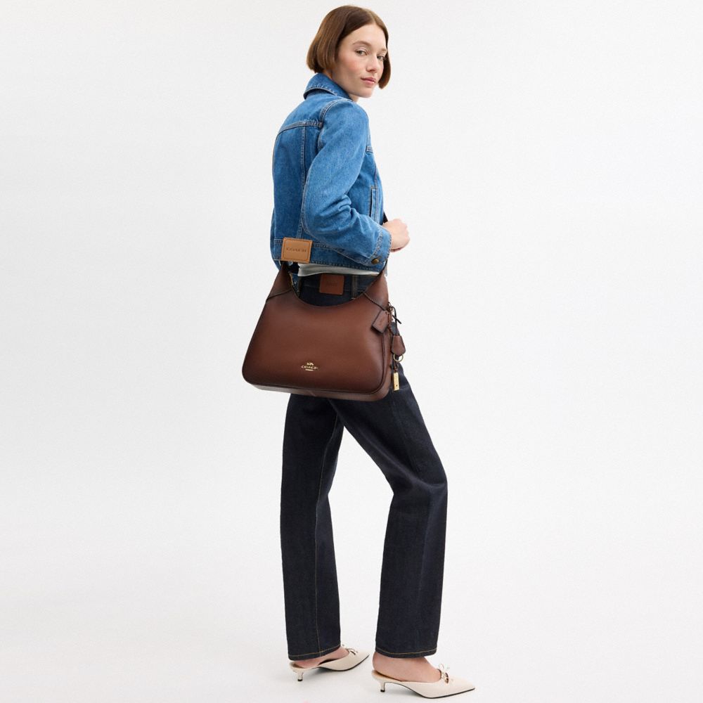 COACH®,Ella Shoulder Bag,Recycled Polyester,Leather,Shoulder Bag,3D Embellishment,Metal,Gold Metal,Casual,Brown,Detail View