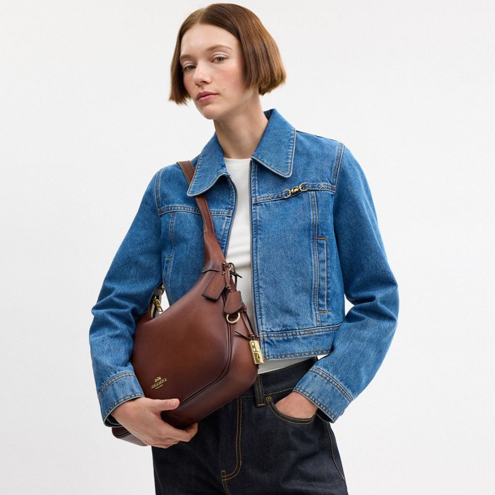 COACH®,Ella Shoulder Bag,Recycled Polyester,Leather,Shoulder Bag,3D Embellishment,Metal,Gold Metal,Casual,Brown,Detail View