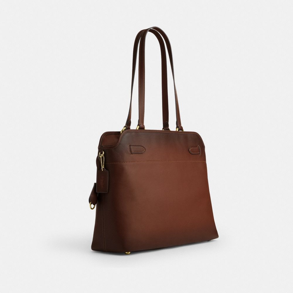 COACH®,Easton Tote Bag,Recycled Polyester,Leather,Polyester,Tote,Logo,Metal,Gold Metal,Work,Brown,Angle View